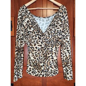 Cheetah Print Gathered Ruched Bust Top Long Sleeves V-neckline Fitted Size XL